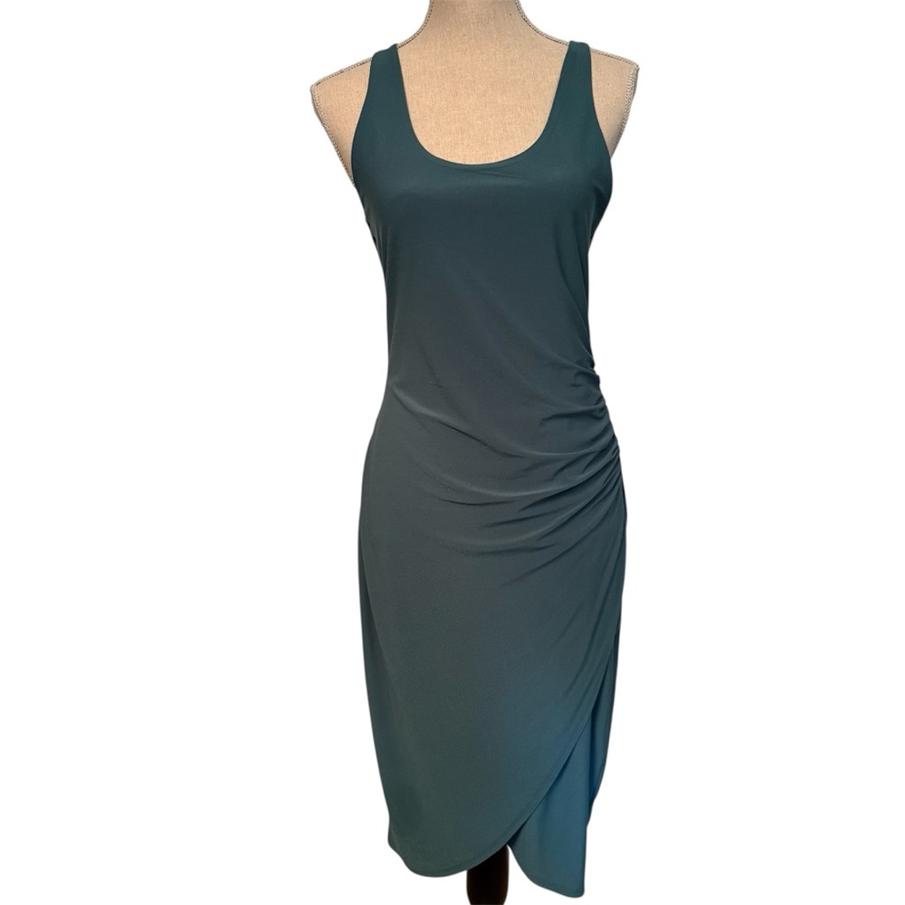 CHELSEA 28 DRESS MIDI GREEN FITTED SHEATH SLEEVELESS RUCHED SCOOP NECK Size S
